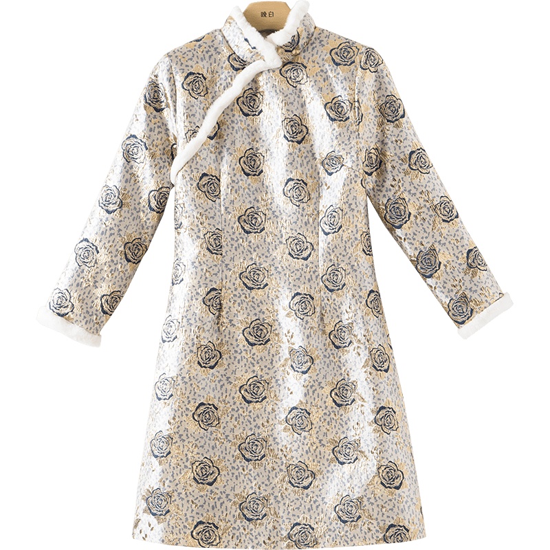 晚白2020冬季新品复古中国风印花毛边立领修身改良旗袍连衣裙女