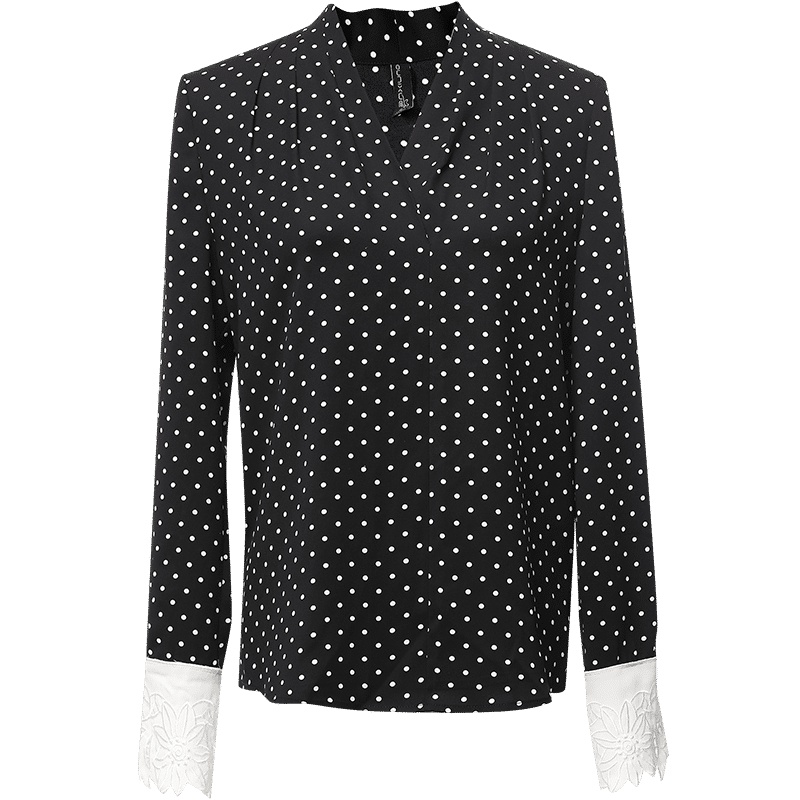 欧昵雪秋装镂空绣花显瘦V领波点套头衬衫女长袖小衫上衣