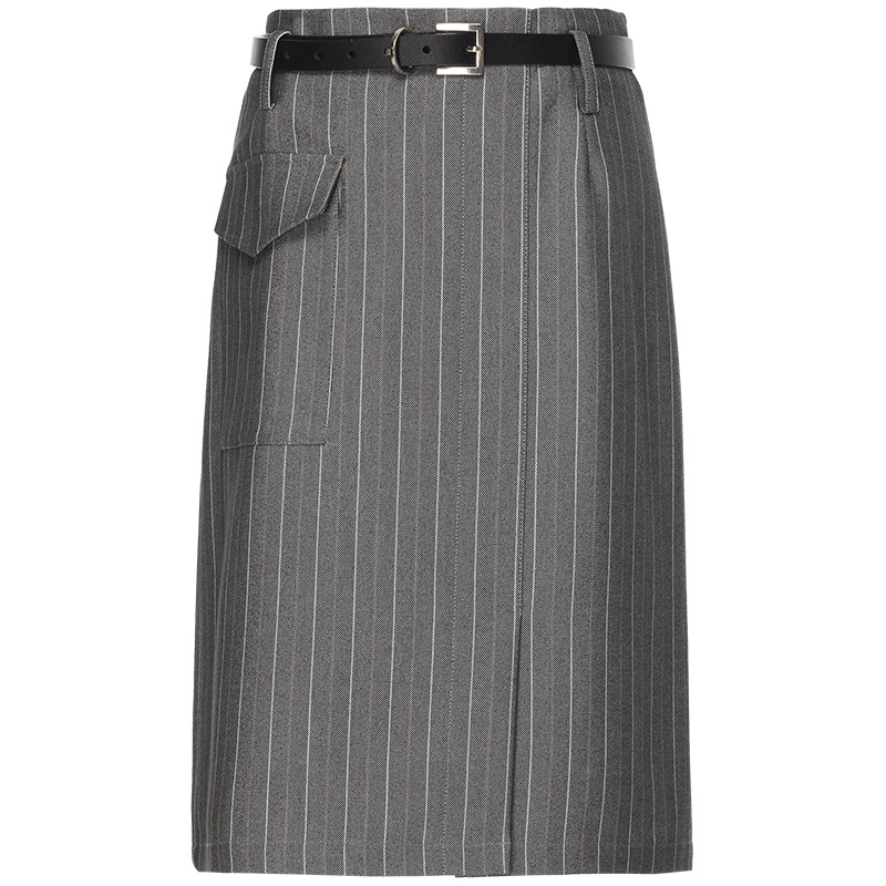 欧昵雪秋装OL西装裙高腰包臀开叉一步裙女职业条纹半身裙