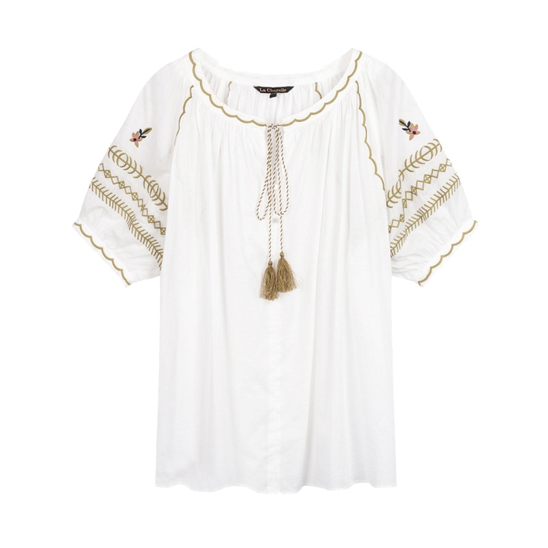 【专柜同款】拉夏贝尔夏短袖流苏系带灯笼袖民族风上衣女衬衫百搭短袖 白色 S