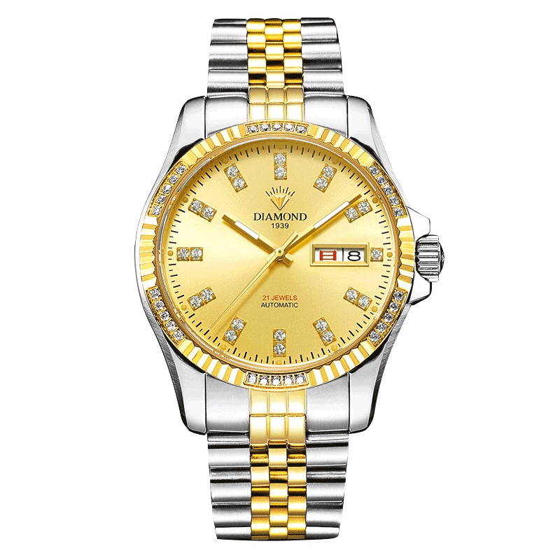 上海钻石牌(DIAMOND)手表男 机械表男 夜光日历 商务时尚 钢带男士自动机械表8011镀金