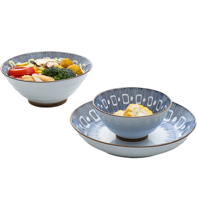 贝瑟斯 日式和风陶瓷宫格草一人食面碗饭碗盘子3件套餐具