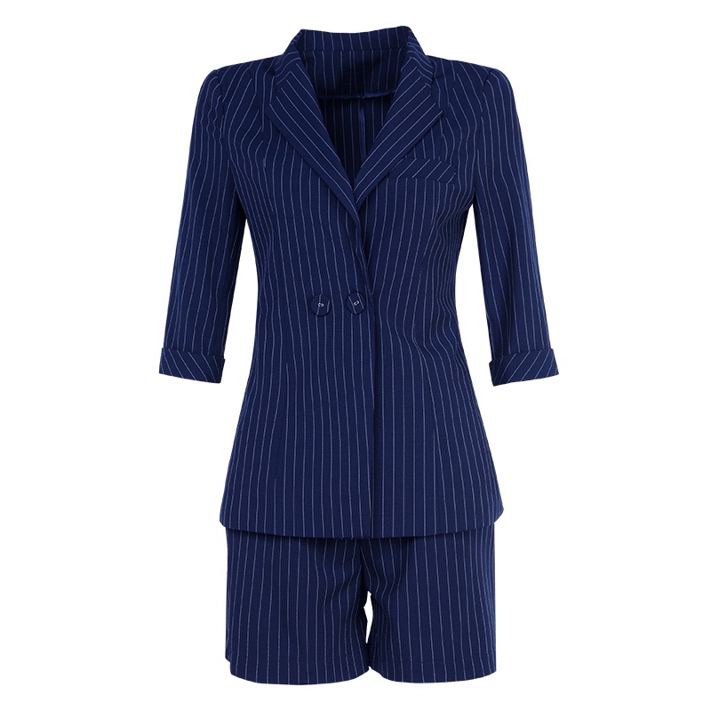 晚白女套装2019夏季新品翻领条纹长袖西装上衣高腰阔腿短裤两件套