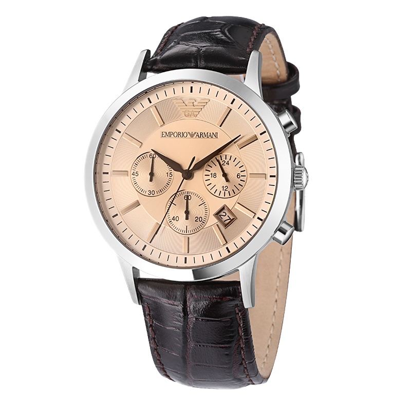 Armani阿玛尼 手表男三眼复古计时真皮革表带潮流石英表男AR2433