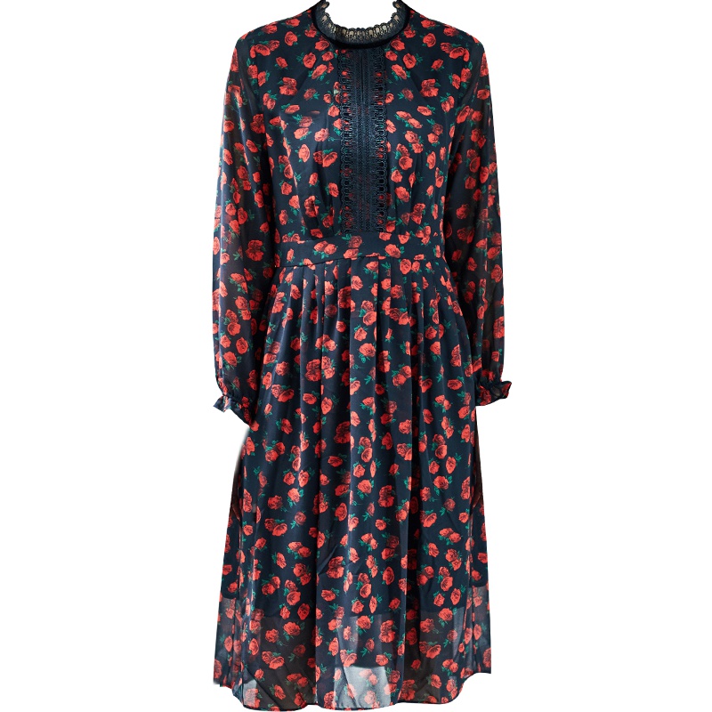 娅丽达女装2019夏季新款雪纺连衣裙中长款长袖印花高腰韩版裙子U7319