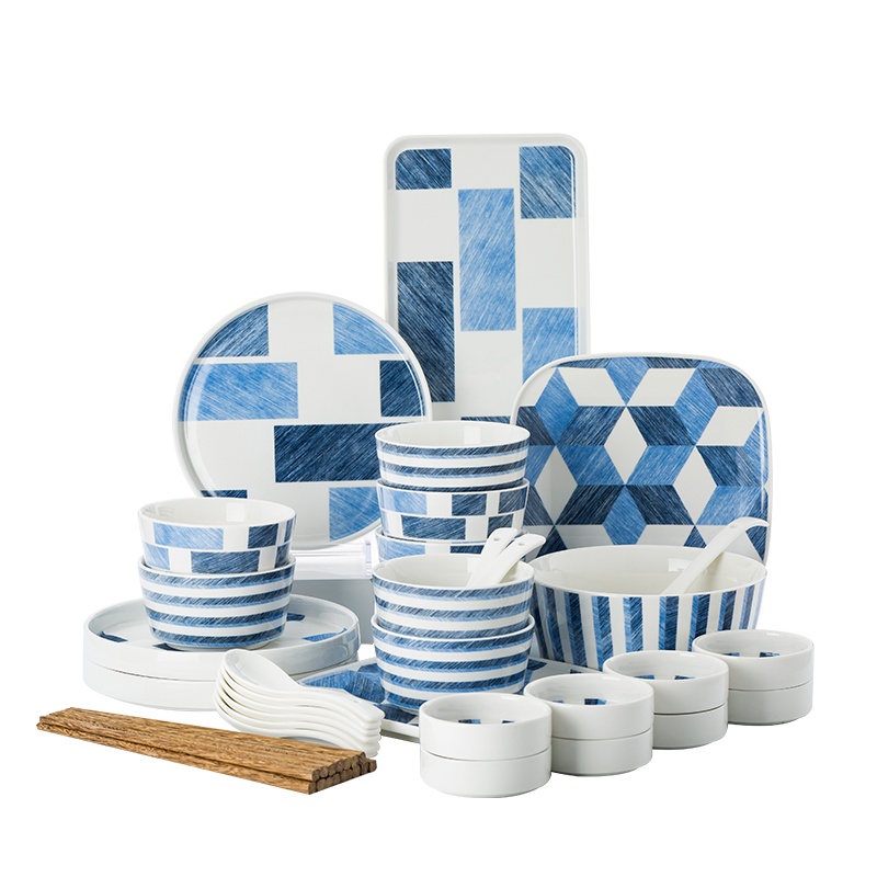 富昱景 碗盘套装 北欧牛仔蓝家用简约陶瓷餐具碗碟情侣创意碗 平盘牛排西餐盘