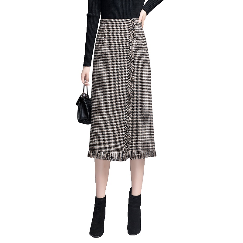 丝柏舍2019冬装格纹高腰毛边潮流时尚中长款半截裙S94R6060B
