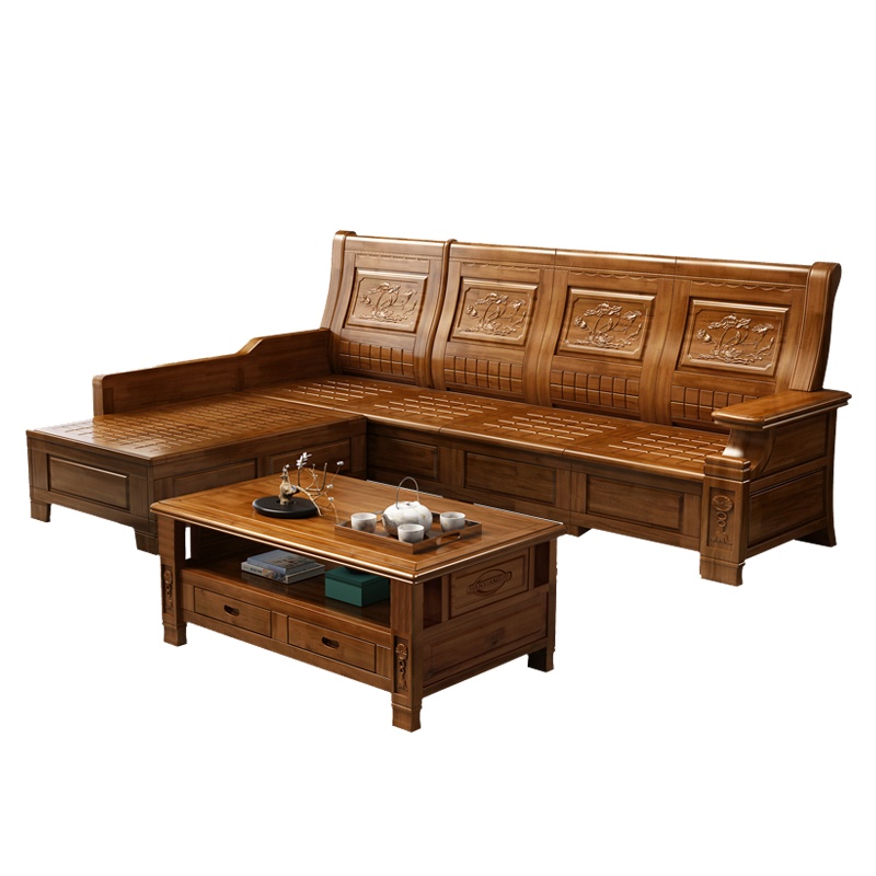 月影梳桐实木沙发组合 现代中式香樟木客厅家具 小户型 多功能木质沙发