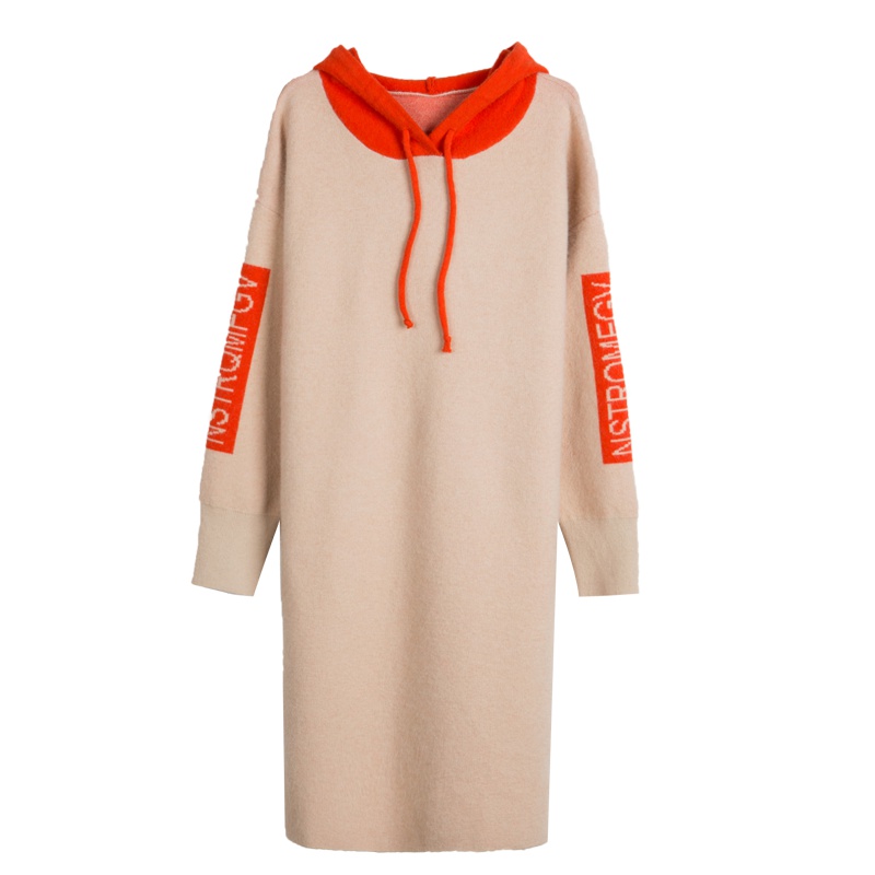 恒源祥女士针织衫秋款套头衫宽松大码中长款针织打底衫连帽上衣