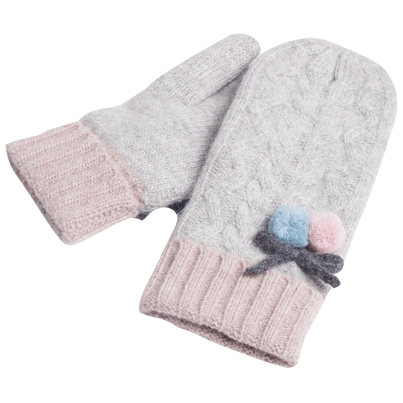 乐为针织手套女士秋冬季天羊毛兔毛可爱毛球户外保暖加绒加厚连指手套女式 15FD366