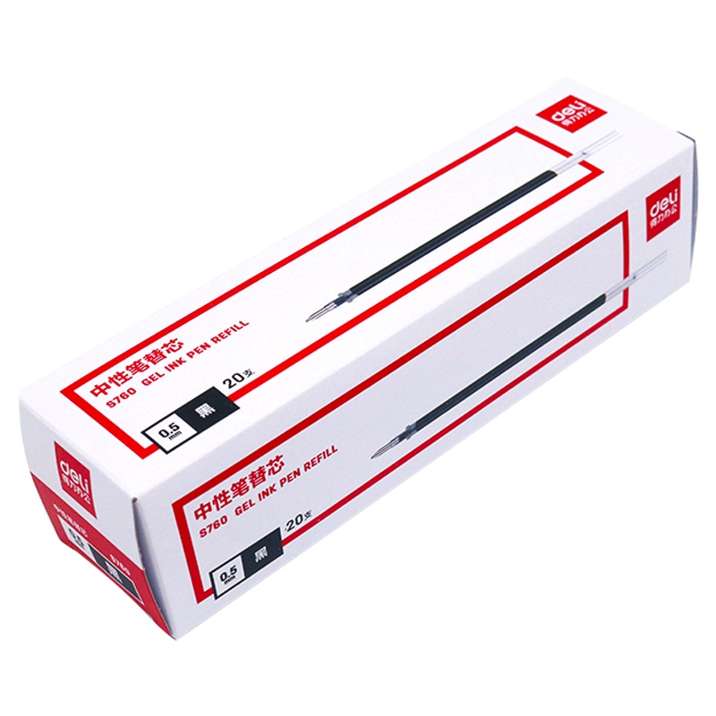 得力文具S760HEI笔芯中性笔替芯办公学生用0.38/0.5/0.7全针管按动笔芯墨蓝色笔蕊水笔芯黑红色批发20只装