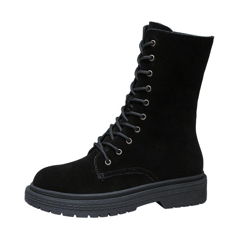 PLAYBOY/花花公子冬季加绒中筒休闲时尚纯色系带圆头短靴沙漠网红短靴女K12299216