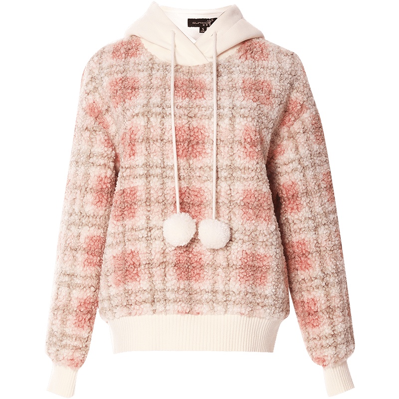 欧昵雪秋冬连帽毛球抽绳长袖宽松加厚毛绒卫衣女显瘦上衣