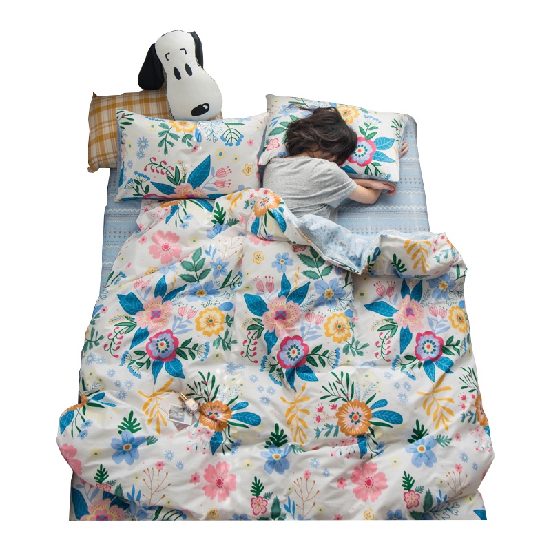 沿蔻家纺 全棉纯色四件套床单被套1.8m床双人1.5米素色双拼床品套件长绒棉床笠绗缝