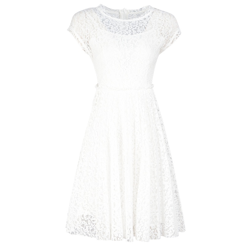 晩白 新品百搭圆领短袖收腰显瘦A字摆公主裙蕾丝连衣裙