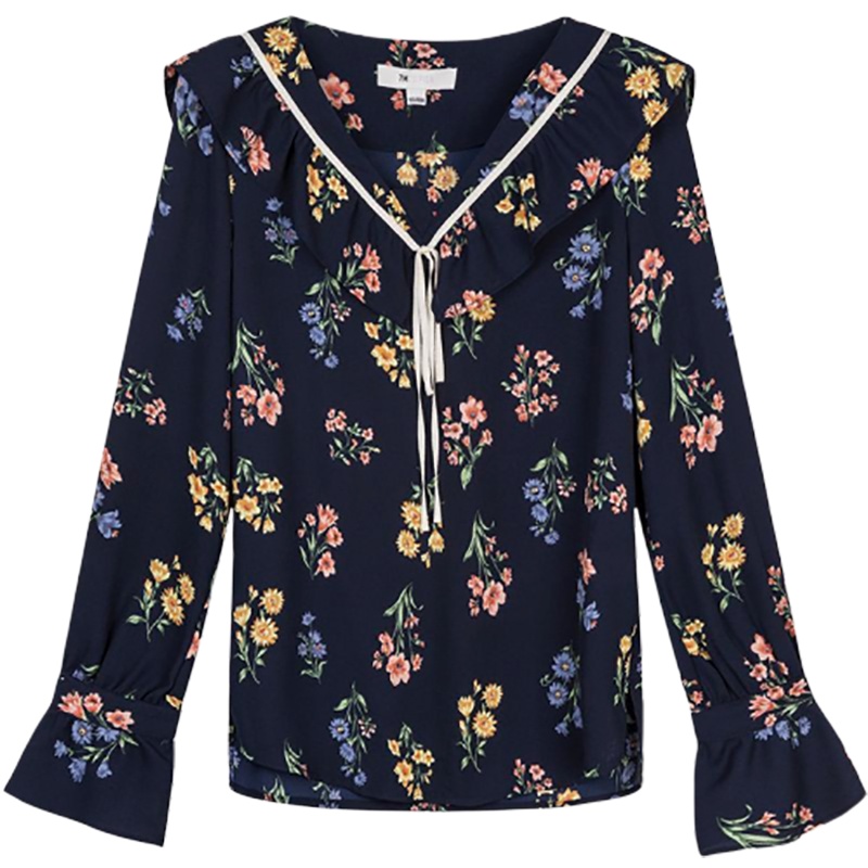 7M莫丽菲尔衬衫女秋新款娃娃领韩版学生宽松雪纺碎花上衣70009647