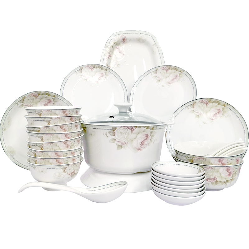 富昱景 景德镇餐具碗碟套装碗菜盘子陶瓷器骨瓷碗碟家用送礼组合吃饭碗 58件春意盎然配明火煲