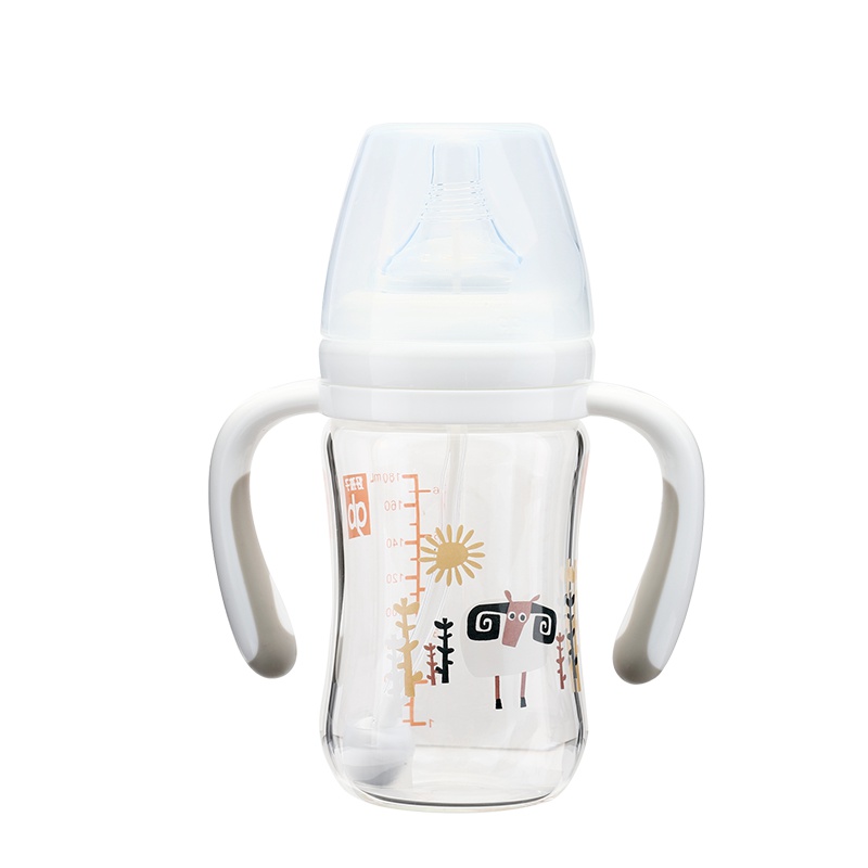 好孩子gb母乳实感握把吸管玻璃奶瓶标准口径混合材质180ml 可爱盘羊