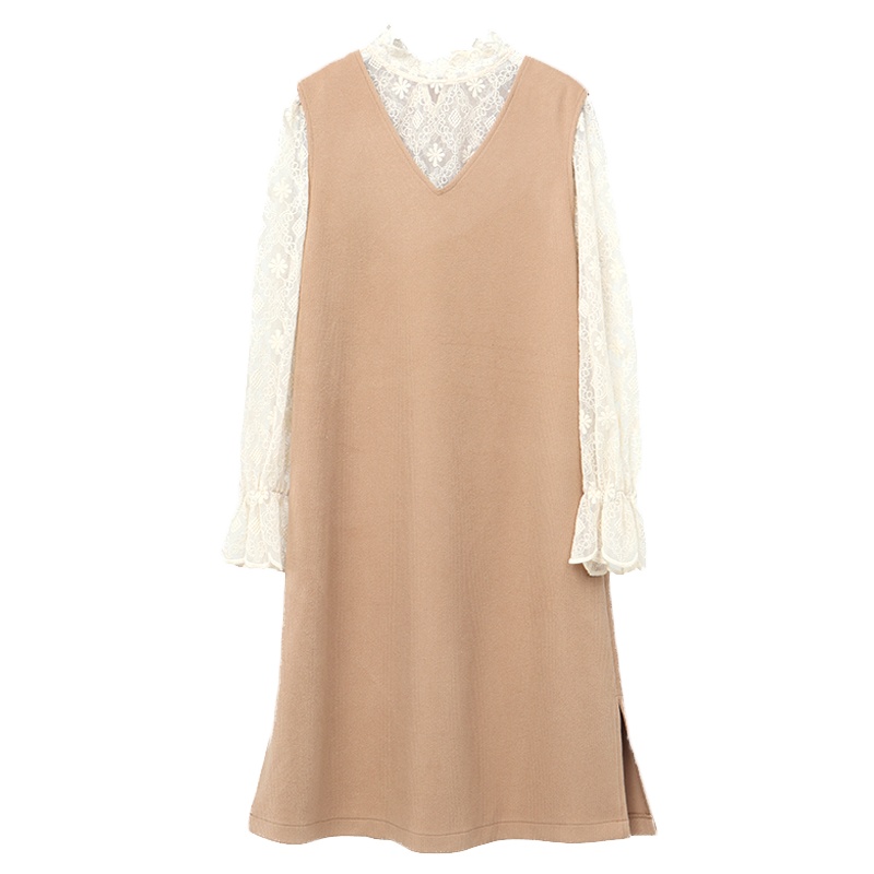 ENJOY'ME女装2019冬季新品清新文艺风系腰带蕾丝打底针织套装长裙