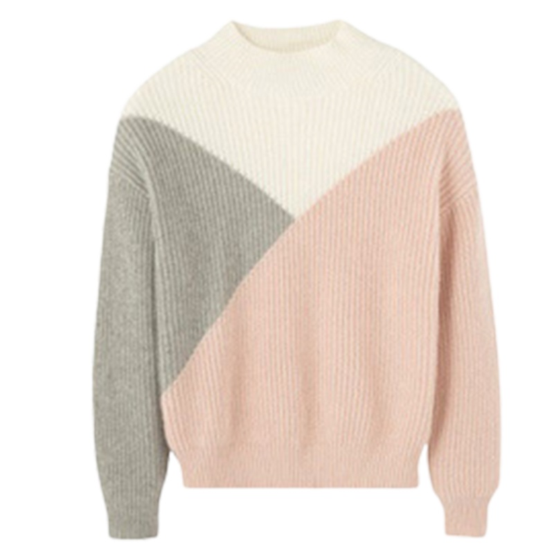 拉夏贝尔春季半高圆领长袖潮流泡泡袖修身甜美韩版拼接针织衫慵懒风1T000623