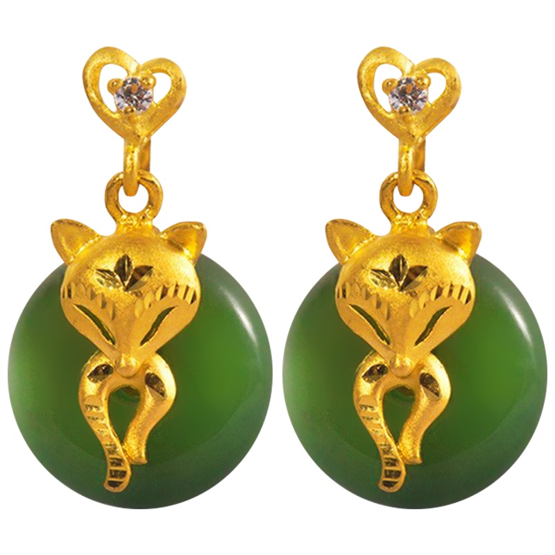 梦克拉 Mkela 金镶玉耳饰玉狐 足金镶嵌和田玉耳坠 其他国内证书 油青 玉石耳饰