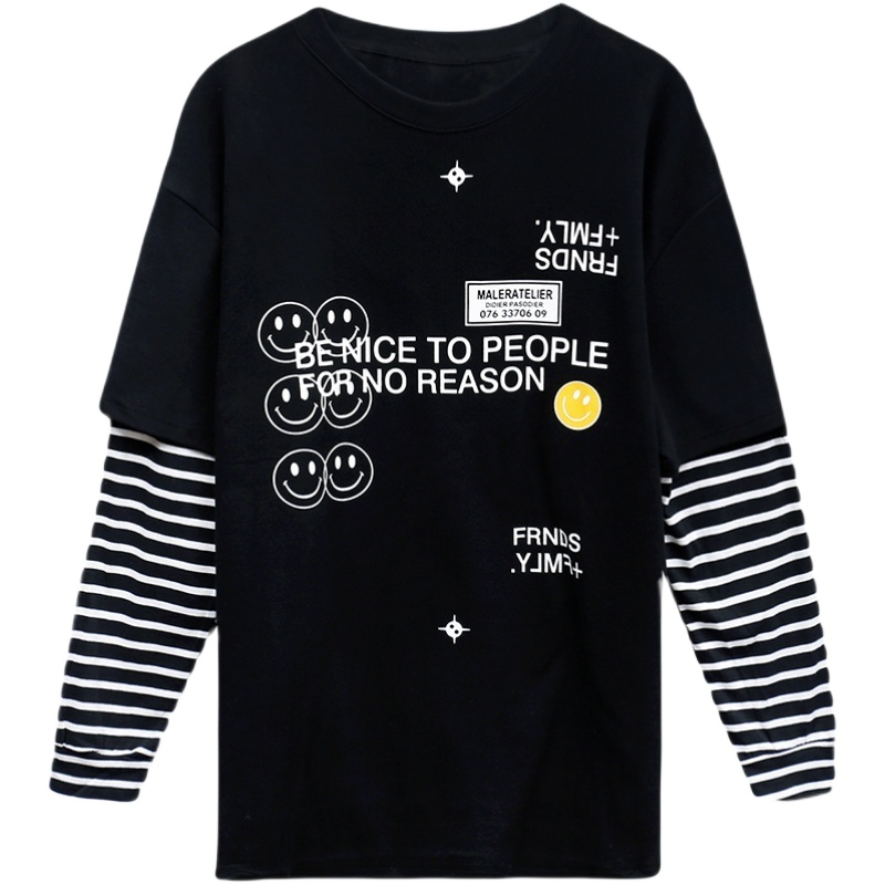 晗亦然春装2021年新款女装假两件长袖T恤春款白色打底衫中长款宽松上衣618