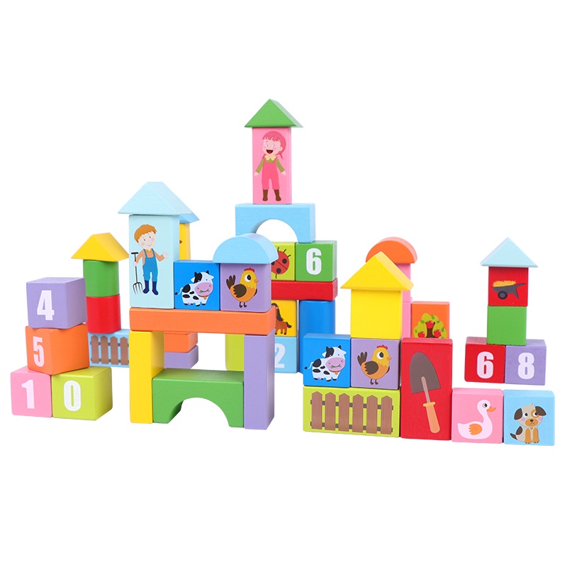 苏宁宜品51粒农场数字积木玩具1-3岁婴幼玩具木制玩具早教益智