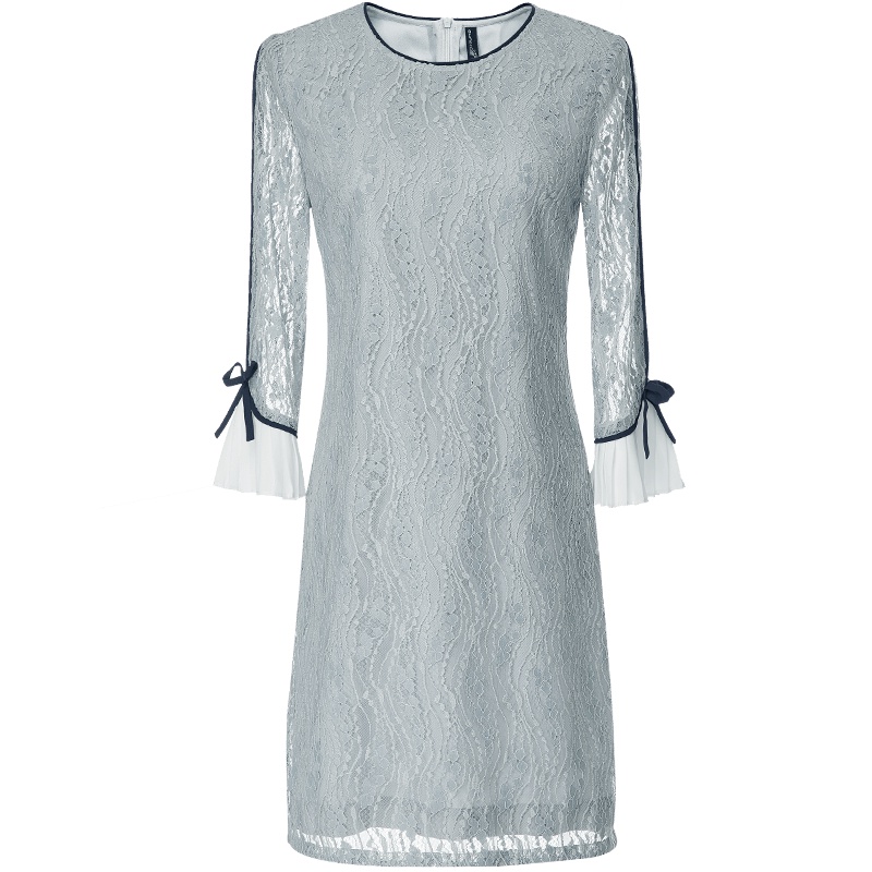 欧昵雪夏季压褶拼接七分喇叭袖圆领镂空蕾丝连衣裙女气质