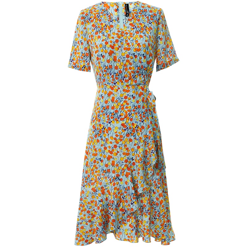 欧昵雪法式茶歇裙夏季V领中长款裙子印花雪纺连衣裙女