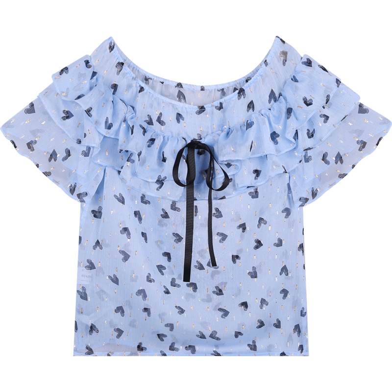 很仙的上衣超仙一字肩碎花雪纺衫短袖2019新款夏露肩衬衫女设计感