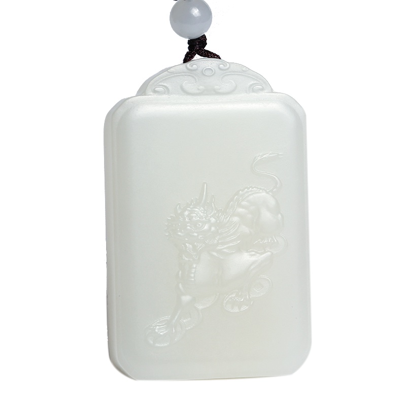 印象眸和田玉羊脂白玉貔貅吊坠 男款皮休瑞兽玉牌挂件 附送证书