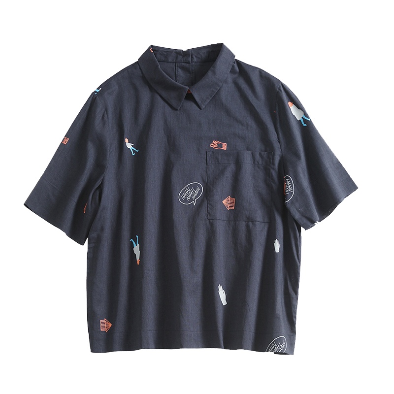 云上生活2020简约文艺休闲印花棉麻短袖衬衫