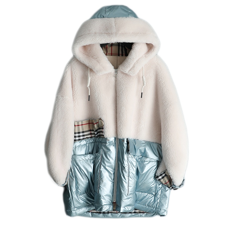 兰奥秋冬新款女式海宁韩版中长款连帽拉链拼接羊剪绒皮草外套