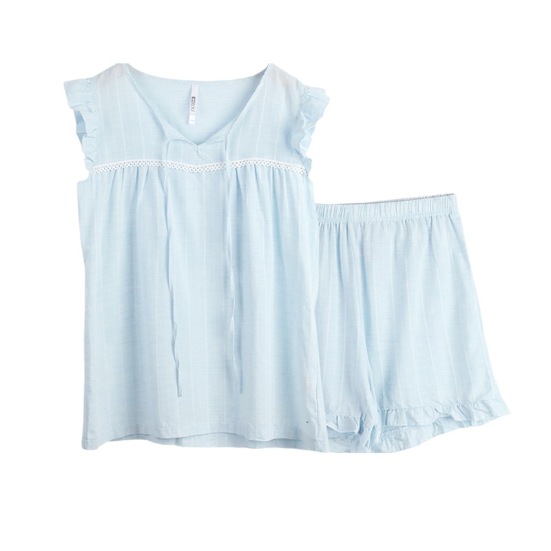 红豆居家Hodohome夏季女式棉质荷叶边无袖睡衣套装少女可爱清新家居服