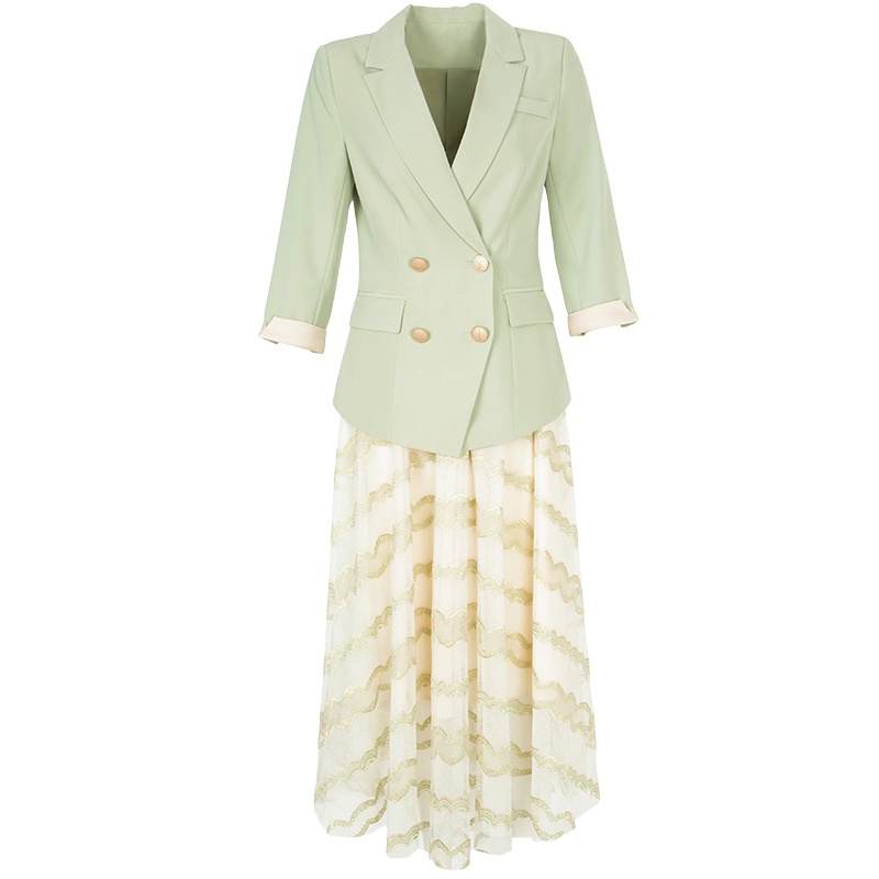 晚白2021春季新品淑女两件套西装外套松紧高腰半身裙时尚套装女