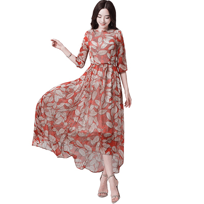 丝柏舍夏装2019女时尚印花修身七分袖中长款连衣裙S82R0611L