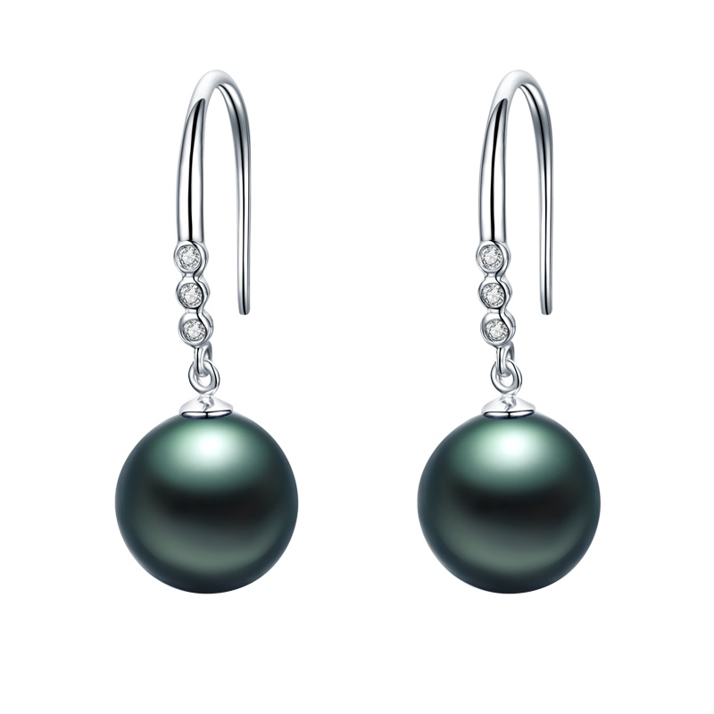 brir 佰色传情正品10-11MM正圆强光海水珍珠耳饰18K钻石大溪地黑珍珠耳环