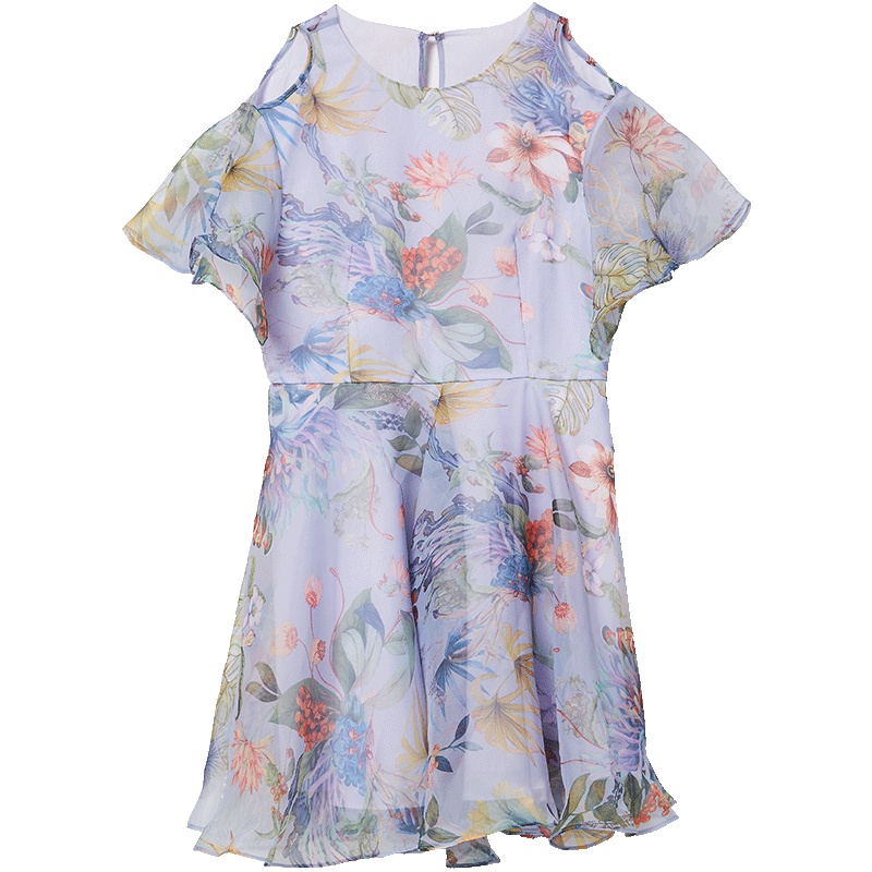 马克华菲女装2019夏新款圆领短袖拼接荷叶边连衣裙韩版修身连衣裙