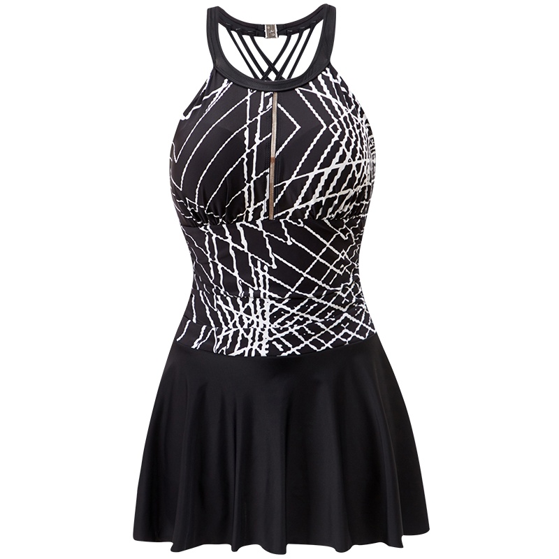 号手连体裙式复古游泳衣女修身显瘦黑色小胸大码温泉泳装