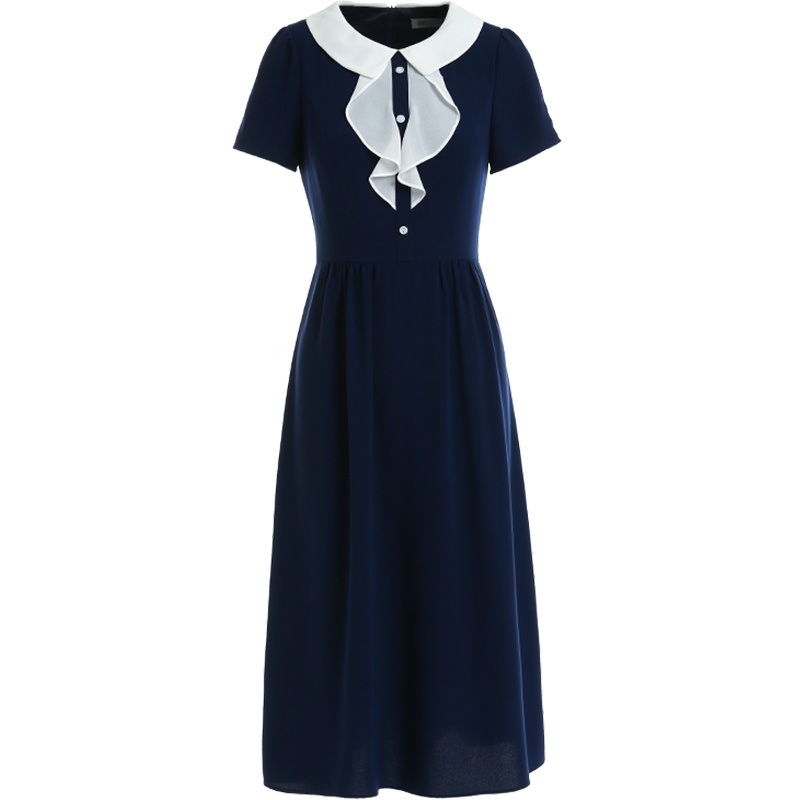 经典故事夏季撞色短袖A字裙修身显瘦中长款连衣裙