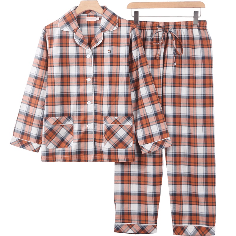 花雨伞【纯棉】女款长袖长裤时尚格子女士家居服套装睡衣女