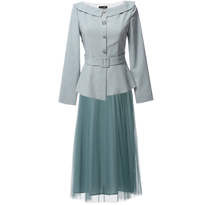 欧昵雪一字领收腰不规则上衣女百褶网纱半身裙两件套