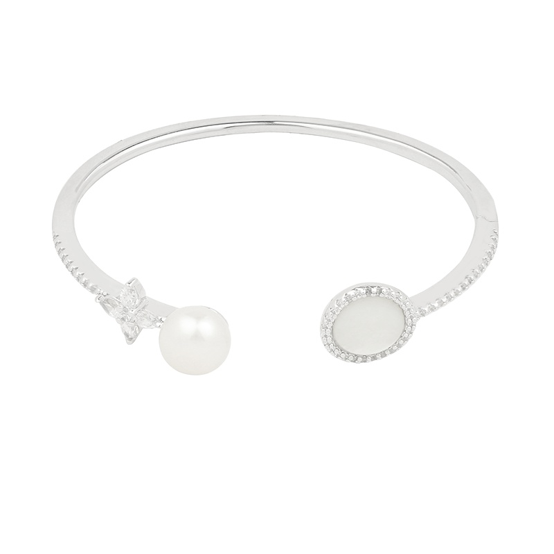 apm MONACO母贝珍珠开口手镯女士 时尚设计感手环 法式银首饰