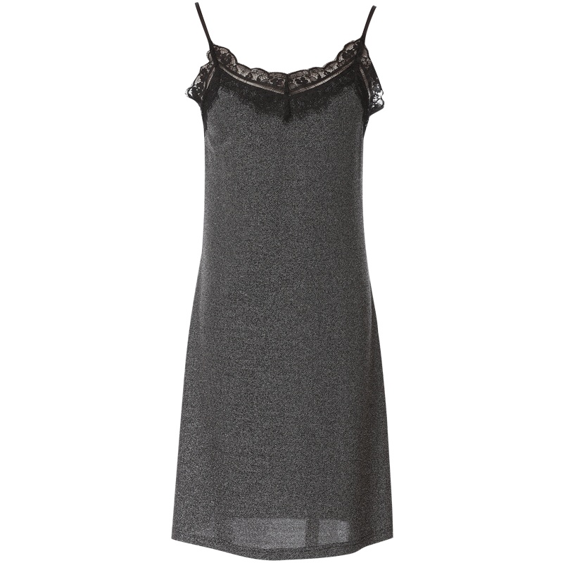 欧昵雪秋装蕾丝V领无袖亮丝吊带连衣裙女修身外穿中裙