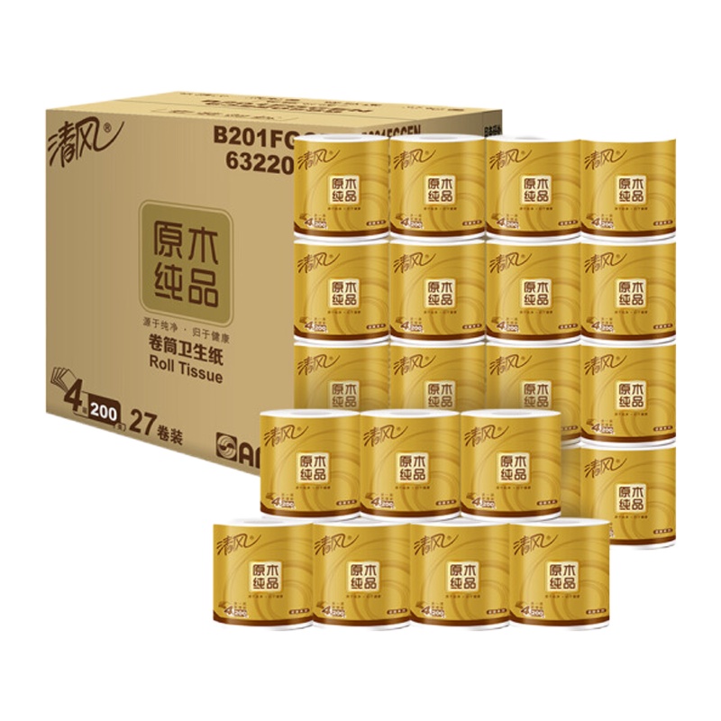 清风卷纸 原木纯品 四层卫生纸140g*27卷(整箱销售)