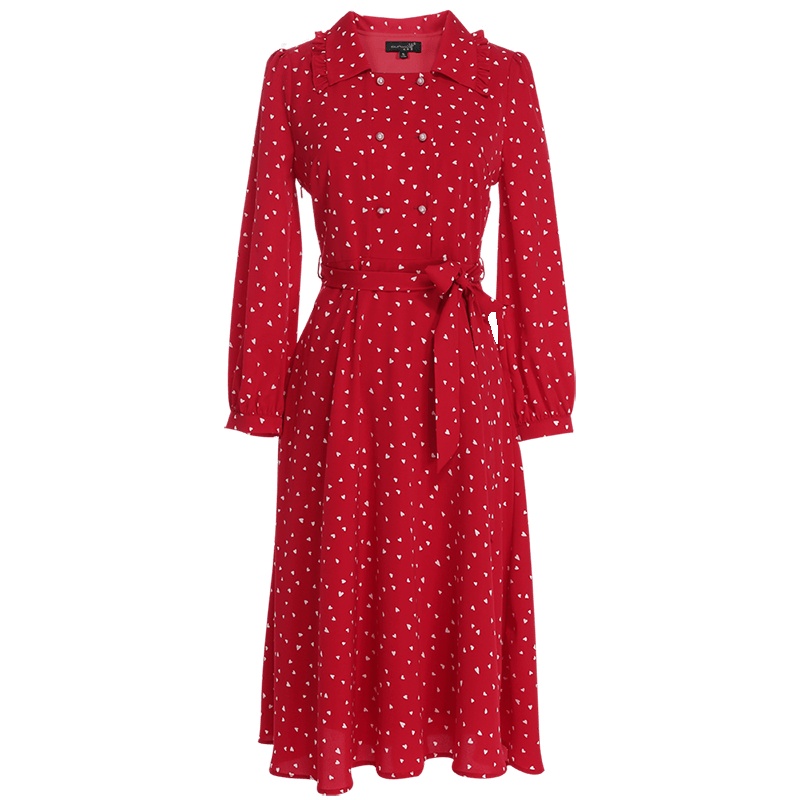 欧昵雪爱心圆点图案赫本裙收腰法式复古连衣裙女长袖