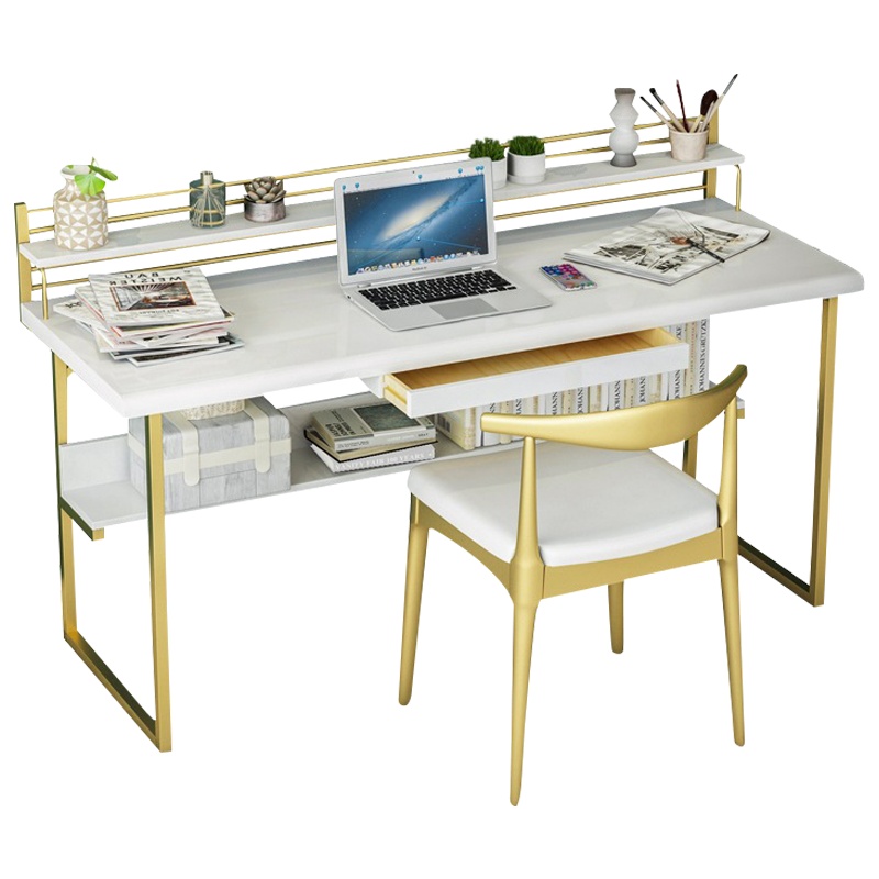 质凡北欧实木台式电脑桌 金色铁艺轻奢家用书房写字桌创意双层办公桌