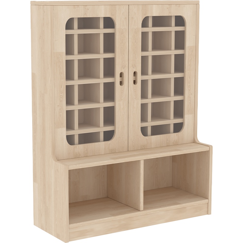 幼儿园实木儿童毛巾口杯架茶杯置物架木质带门落地早教中心收纳柜