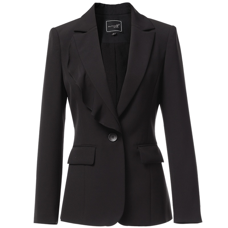 欧昵雪拼接荷叶边修身显瘦一粒扣长袖西装外套女