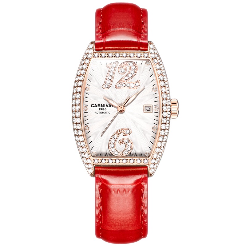 正品嘉年华Carnival手表自动机械表 女士防水时尚潮流款带日历水钻真皮革新款女表夜光腕表酒桶型8857